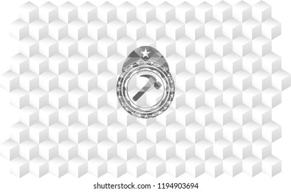 hammer icon inside realistic grey emblem with cube white background
