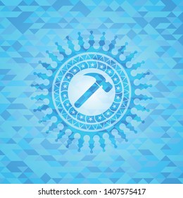 hammer icon inside realistic sky blue mosaic emblem
