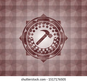 hammer icon inside red emblem or badge with abstract geometric pattern background. Seamless.