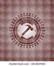 hammer icon inside red emblem with geometric background. Seamless. 