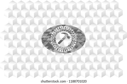 hammer icon inside retro style grey emblem with geometric cube white background