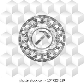 hammer icon inside retro style grey emblem with geometric cube white background