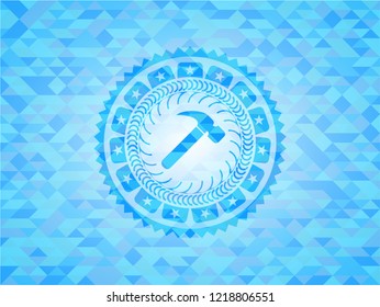 hammer icon inside sky blue emblem with mosaic ecological style background