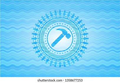 hammer icon inside water concept style badge.