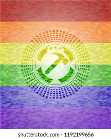 hammer icon on mosaic background with the colors of the LGBT flag