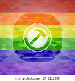 hammer icon on mosaic background with the colors of the LGBT flag