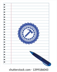 hammer icon pen emblem. Blue ink. Vector Illustration. Detailed.