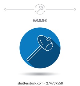 Hammer icon. Repair or fix sign. Construction equipment tool symbol. Blue flat circle button. Linear icon with shadow. Vector