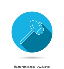 Hammer icon. Repair or fix sign. Construction equipment tool symbol. Blue flat circle button with shadow. Vector