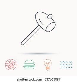 Hammer icon. Repair or fix sign. Construction equipment tool symbol. Global connect network, ocean wave and burger icons. Lightbulb lamp symbol.