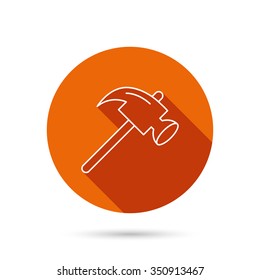 Hammer icon. Repair or fix sign. Construction equipment tool symbol. Round orange web button with shadow.