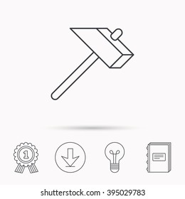 Hammer icon. Repair or fix sign. Construction equipment tool symbol. Download arrow, lamp, learn book and award medal icons.
