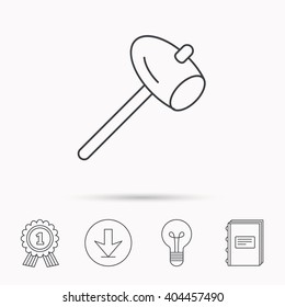 Hammer icon. Repair or fix sign. Construction equipment tool symbol. Download arrow, lamp, learn book and award medal icons.