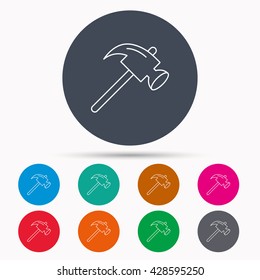 Hammer icon. Repair or fix sign. Construction equipment tool symbol. Icons in colour circle buttons. Vector