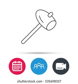 Hammer icon. Repair or fix sign. Construction equipment tool symbol. Group of people, video cam and calendar icons. Vector