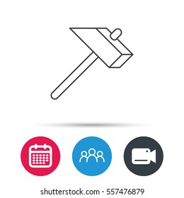 Hammer icon. Repair or fix sign. Construction equipment tool symbol. Group of people, video cam and calendar icons. Vector