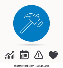 Hammer icon. Repair or fix sign. Construction equipment tool symbol. Calendar, attention sign and growth chart. Button with web icon. Vector