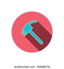 Hammer icon. Repair or fix tool sign. Red flat circle button. Linear icon with shadow. Vector