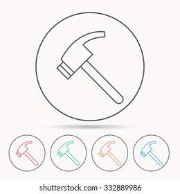Hammer icon. Repair or fix tool sign. Linear circle icons.