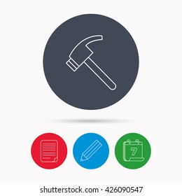 Hammer icon. Repair or fix tool sign. Calendar, pencil or edit and document file signs. Vector