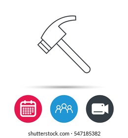 Hammer icon. Repair or fix tool sign. Group of people, video cam and calendar icons. Vector
