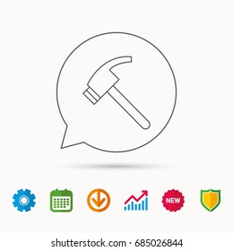 Hammer icon. Repair or fix tool sign. Calendar, Graph chart and Cogwheel signs. Download and Shield web icons. Vector