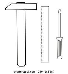 Hammer icon. Ruler illustration. Screwdriver vector image. Black tool set. EPS 10.
