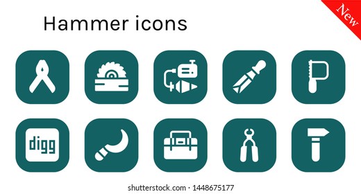 hammer icon set. 10 filled hammer icons.  Simple modern icons about  - Pliers, Saw, Plumb bob, Chisel, Digg, Sickle, Toolbox, Hammer