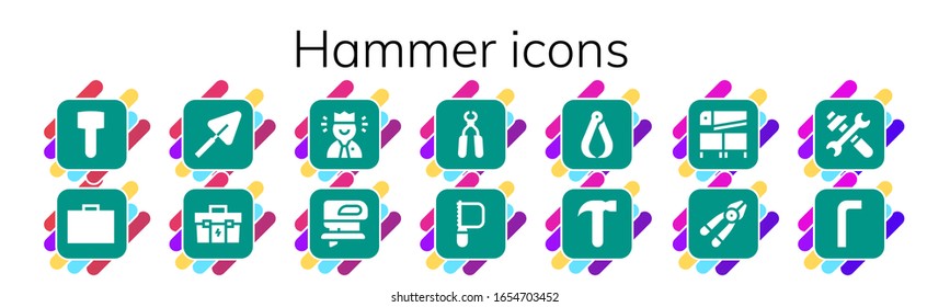 hammer icon set. 14 filled hammer icons. Included Mallet, Toolbox, Trowel, Worker, Fretsaw, Pliers, Saw, Hammer, Plier, Tools, Allen keys icons