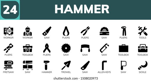 hammer icon set. 24 filled hammer icons.  Simple modern icons about  - Worker, Saw, Pliers, Tools, Toolbox, Fretsaw, Hammer, Trowel, Allen keys, Sickle