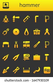 hammer icon set. 26 filled hammer icons. Included Worker, Auction, Hammer, Saw, Allen keys, Pliers, Toolbox, Chisel, Fretsaw, Trowel, Sickle, Digg icons