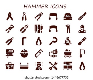 hammer icon set. 30 filled hammer icons.  Collection Of - Pliers, Plier, Saw, Chisel, Tools, Worker, Allen keys, Sickle, Fretsaw, Plumb bob, Mine, Toolbox