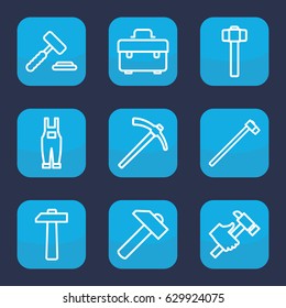 Hammer icon. set of 9 outline hammer icons such as toolbox, hummer, gardener jumpsuit