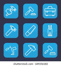 Hammer icon. set of 9 outline hammer icons such as saw, toolbox, hummer, gardener jumpsuit, knee hammer reaction check, auction