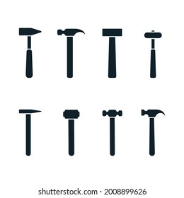 Hammer icon set. Black hummer sign collection. Work repair tool group. Vector illustration isolated on white.