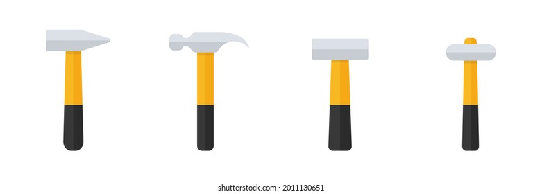 Hammer icon set. Black and yellow hummer collection in flat style. Work repair tool group. Vector illustration isolated on white.