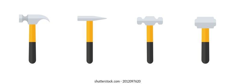 Juego de iconos de martillo. Colección de hummer negro y amarillo en estilo plano. Grupo de herramientas de reparación de trabajo. Ilustración vectorial aislada en blanco.
