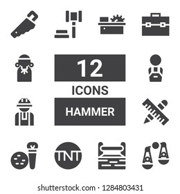 hammer icon set. Collection of 12 filled hammer icons included Judging, Toolbox, Tnt, Tools, Worker, Auction, Judge, Handsaw, Saw