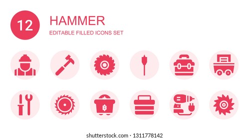hammer icon set. Collection of 12 filled hammer icons included Worker, Hammer, Saw, Auger, Toolbox, Tools, Mining, Driller