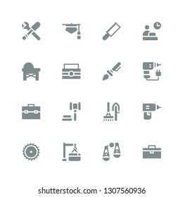 hammer icon set. Collection of 16 filled hammer icons included Toolbox, Judging, Maintenance, Saw, Drill, Tools, Auction, Prehistoric, Worker, Judge