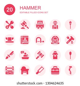 hammer icon set. Collection of 20 filled hammer icons included Tools, Hammer, Mining, Worker, Auger, Anvil, Maintenance, Hacksaw, Judge, Prehistoric, Toolbox, Saw, Drill