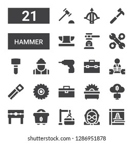 hammer icon set. Collection of 21 filled hammer icons included Maintenance, Judge, Mining, Punishment, Saw, Toolbox, Worker, Driller, Mallet, Tools, Hammer game, Anvil,