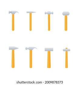 Hammer icon set. Color hummer pictogram collection in flat style. Work repair tool group. Vector illustration isolated on white.