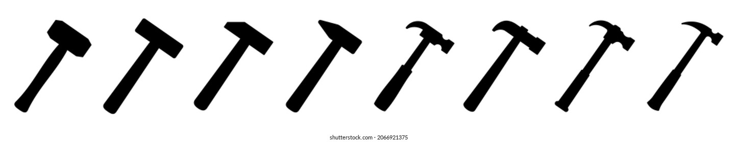 Hammer icon. Vector illustration. Set of black hammer icons in flat design