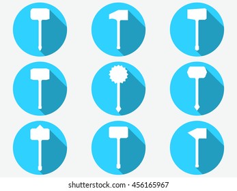 Hammer icons. Labor tools. Set of ancient weapons. Vector illustration.