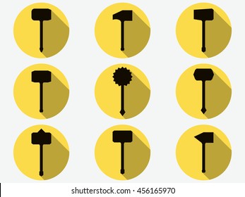 Hammer icons. Labor tools. Set of ancient weapons. Vector illustration.
