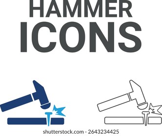 Hammer icons, Line art icons Containing fix, home, car repair, maintenance, toolbox, and repairman service icons. Solid icon collection. Vector illustration.
