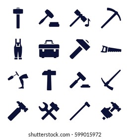 hammer icons set. Set of 16 hammer filled icons such as toolbox,    saw, gardener jumpsuit, auction,  
