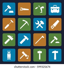 hammer icons set. Set of 16 hammer filled icons such as saw, toolbox, hummer, gardener jumpsuit, auction, wrench hummer