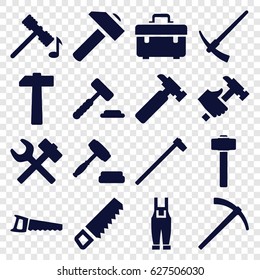 Hammer icons set. set of 16 hammer filled icons such as saw, toolbox, hummer, gardener jumpsuit, auction, wrench hummer